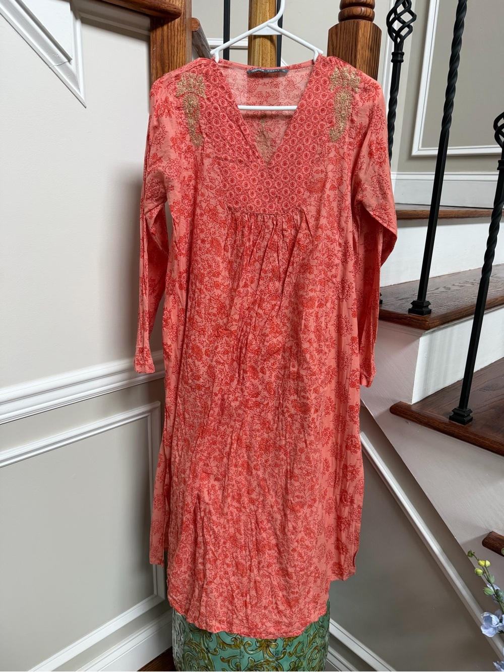 Cotton Coral Printed V-Neck Flowing Tunic Dress